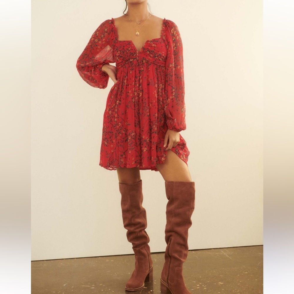 Anthropologie Red Floral Babydoll Mini Dress